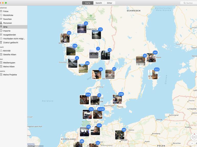 Die Fotos-App kann Ihnen Ihre Bilder auf einer Karte anzeigen, entsprechend der in den Metadaten enthaltenen geografischen Informationen.