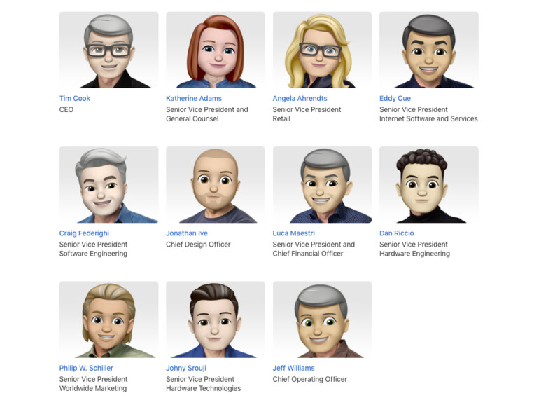 Apple Leadership im Memoji-Stil: weiße Männer mit grauen Haaren geben den Ton an