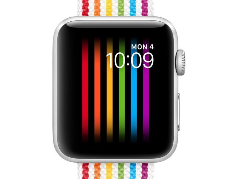 Pride-Armband und Zifferblatt an der Apple Watch