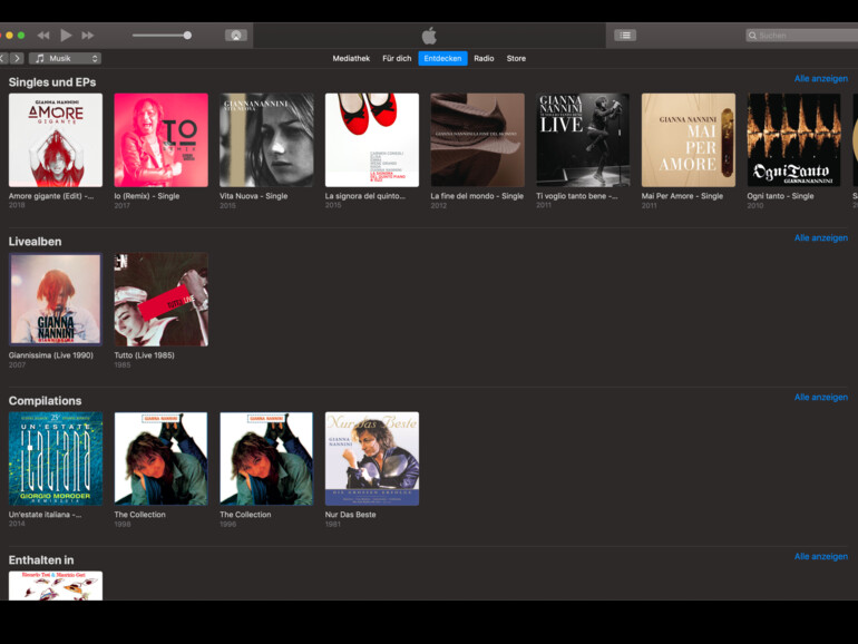Screenshot aus Apple Music am Mac zeigt Albentrennung am Beispiel von Gianna Nanini