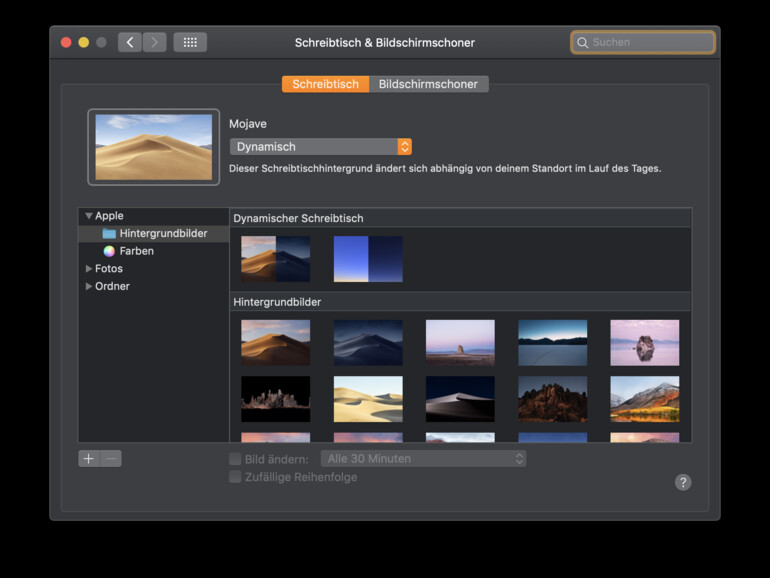 Dynamische Schreibtischhintergründe in macOS Mojave