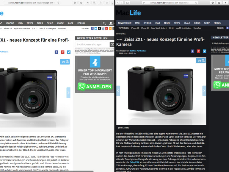 maclife.de mit und ohne Dark Reader in Safari
