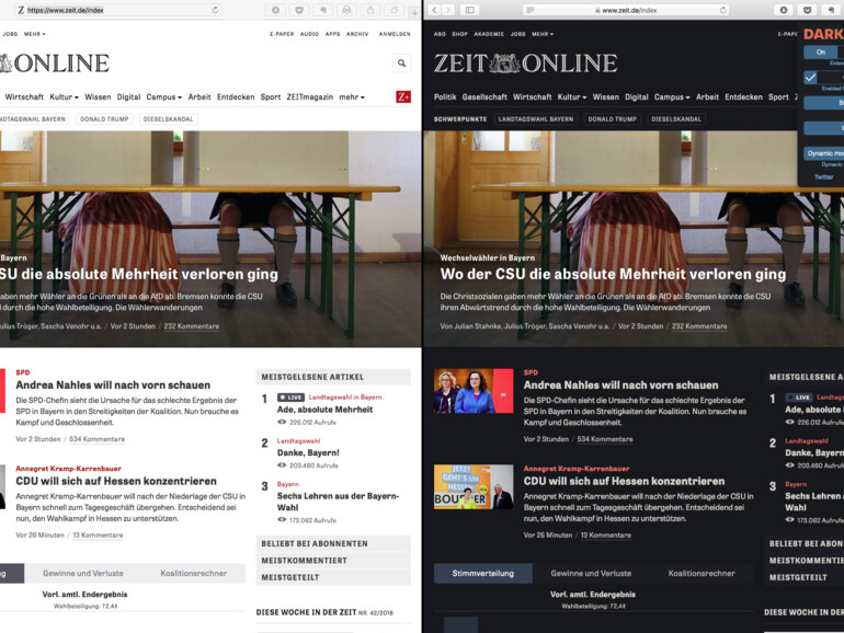 zeit.de ohne und mit Dark Reader in Safari