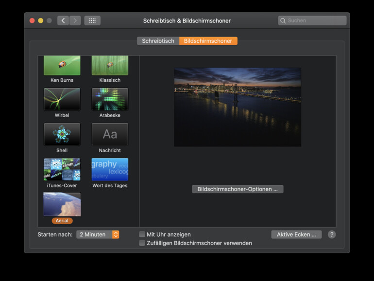 Bildschirmschoner-Einstellungen in macOS Mojave