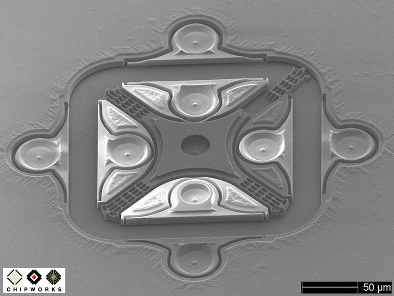 Ein MEMS-Beschleunigungssensor unter einem Elektronenmikroskop.