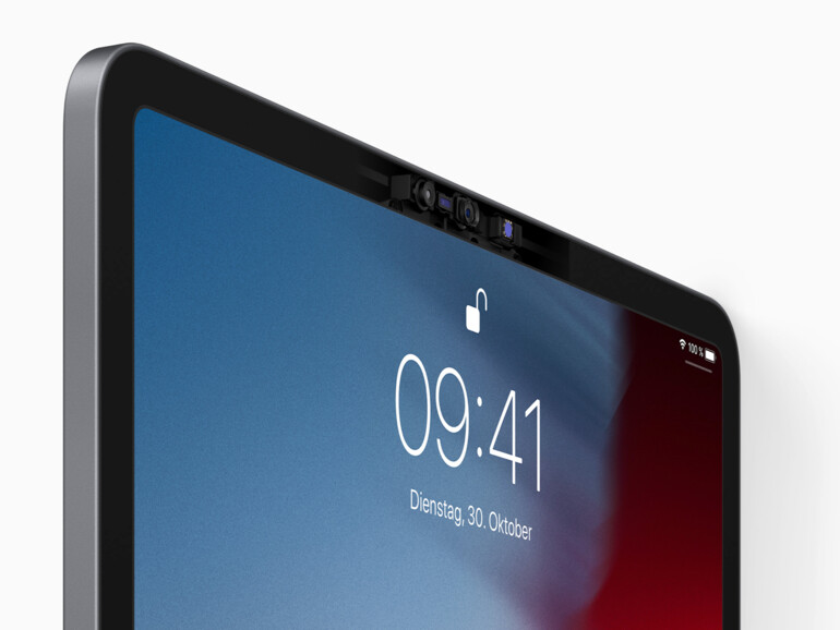 Face ID findet erstmals den Weg in ein iPad und benötigt dafür nicht einmal eine Display-Aussparung wie beim iPhone X, XS und XR. Der Rahmen um den Bildschirm ist dick genug.