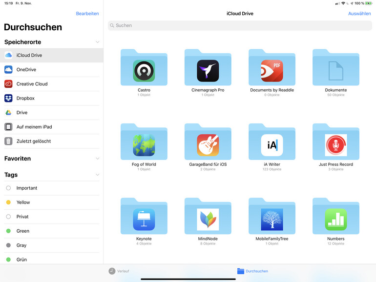 Größtes Manko: Externe Speichermedien lassen sich nur sehr eingeschränkt mit dem iPad nutzen und tauchen in Apples „Dateien“-App überhaupt nicht auf. Das iCloud Drive ist leider auch keine Lösung.
