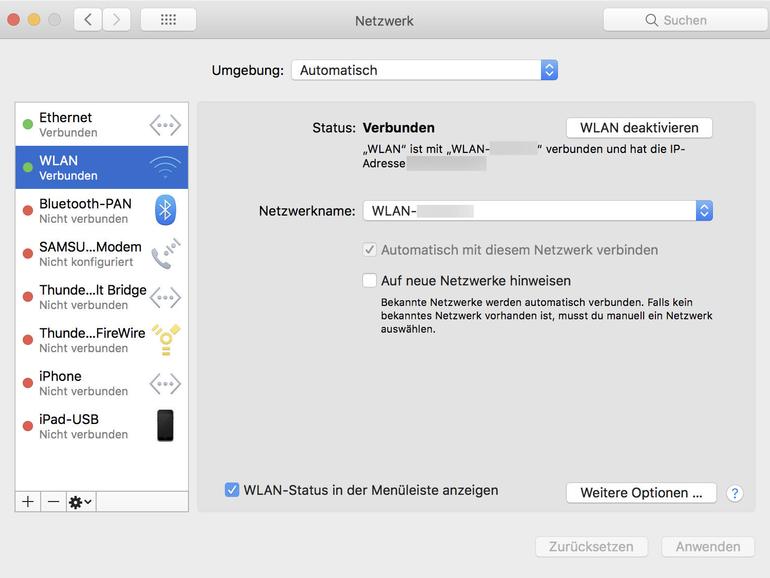 Einige Menü-Extras müssen in den Systemeinstellungen aktiviert werden, wie hier das Extra für die WLAN-Verbindung.