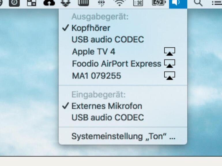 Klicken Sie mit gedrückte [alt]-Taste auf das Lautsprecher-Symbol, um verfügbare Audiogeräte zu sehen.
