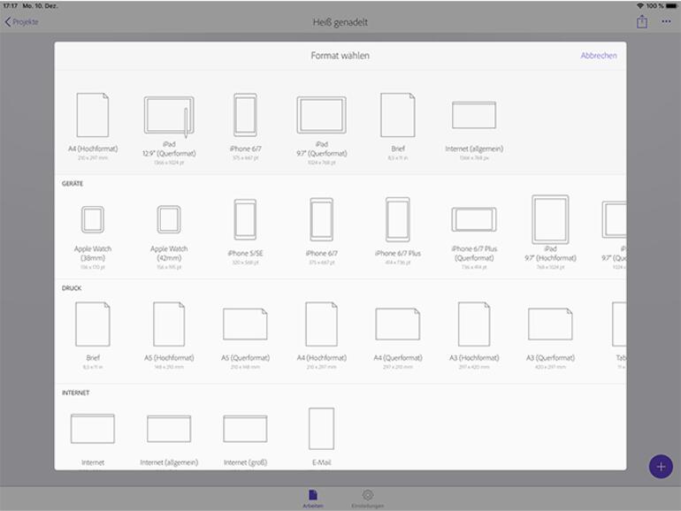 Legen Sie über das Plus-Zeichen ein neues Dokument an. Wählen Sie das gewünschte Format.
