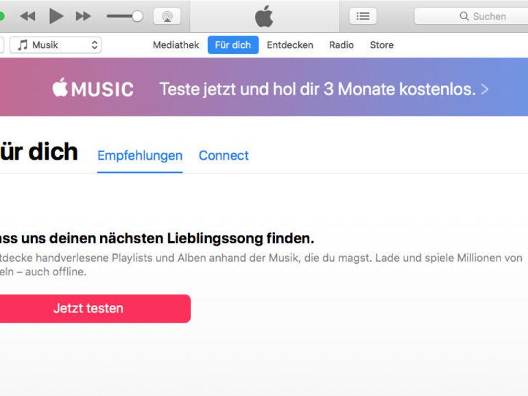 Öffnen Sie im Musik-Bereich von iTunes „Für dich“, bietet die App das kostenlose Testabo von Apple Music an.