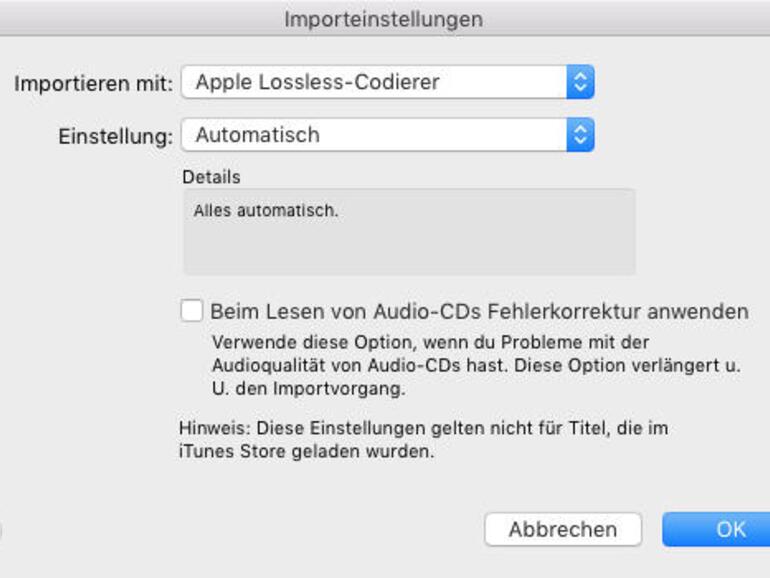 Die Importeinstellungen von iTunes rufen Sie in den allgemeinen Einstellungen auf. Mit Apple Lossless lassen sich CDs in bester Qualität einlesen.