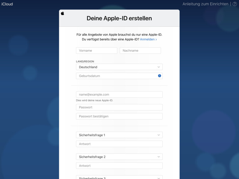 Formular zum Erstellen einer Apple-ID auf iCloud.com