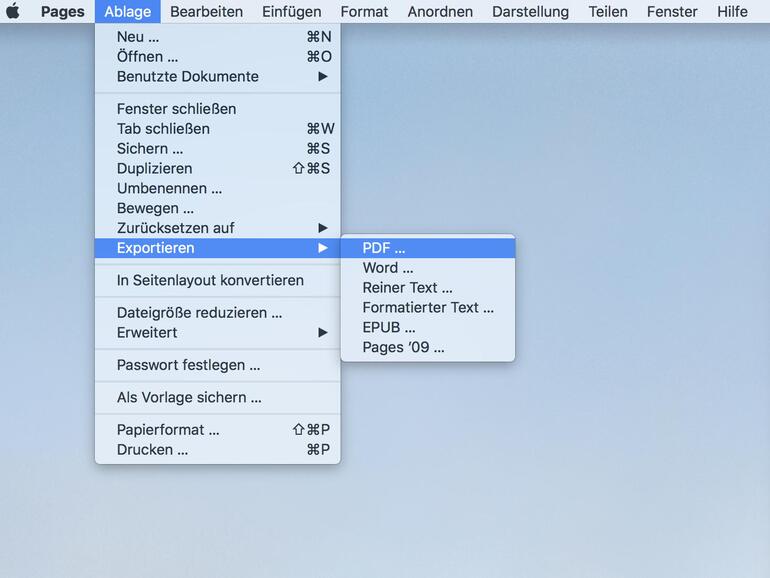 Pages-Dokument als PDF sichern
