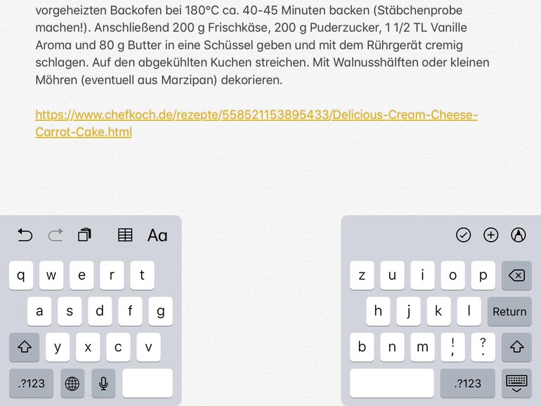 Auf dem iPad kann man eine geteilte Tastatur aktivieren.