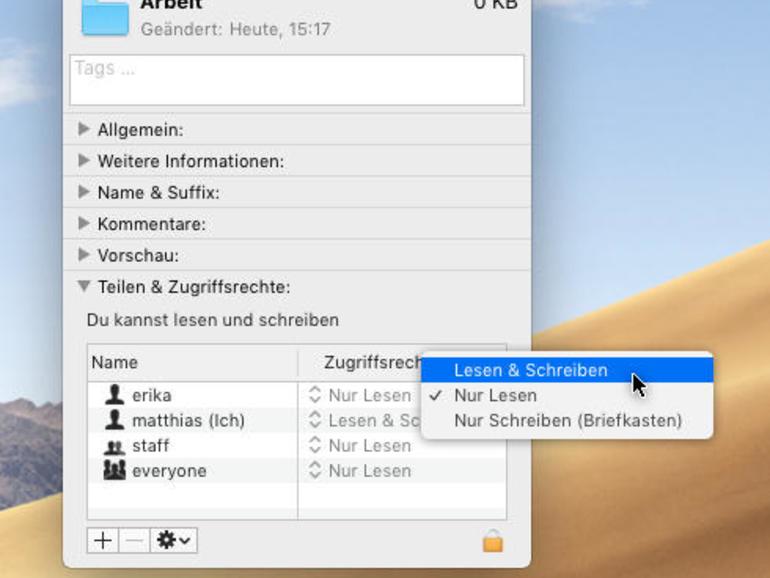 Rufen Sie den Befehl Informationen im Finder auf, können Sie im untersten Punkt „Teilen & Zugriffsrechte“ festlegen, wer was mit einem Objekt anstellen darf. Mit „+“ fügen Sie Benutzer oder Gruppen hinzu.