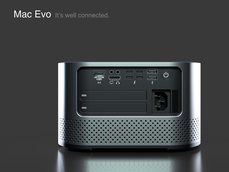 Mac Evo mit vielen Anschlüssen und zwei Festplatteneinschüben