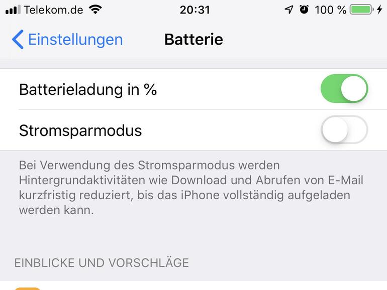 In „Batterie“ können Sie sich den Ladezustand in der Statusleiste in Prozent anzeigen lassen, den Stromsparmodus aktivieren und prüfen, welche App am meisten Strom benötigt.