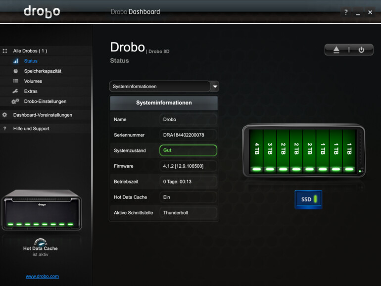 Alles im Blick: Wer die LEDs am Gehäuse des Drobo 8D nicht einsehen kann, findet alle wichtigen Informationen zu den verbauten Festplatten auch im Dashboard.