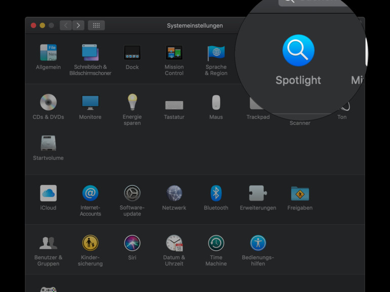 Spotlight in den Systemeinstellungen