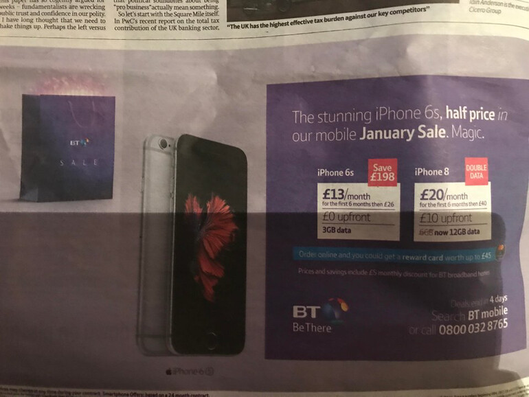 Großflächige Werbung für iPhone 6s in britischer Zeitung aus dem Jahr 2019