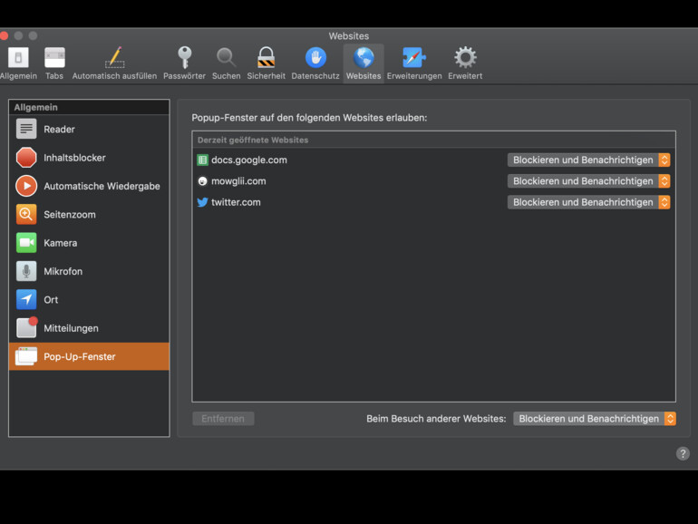 Einstellungen von Safari