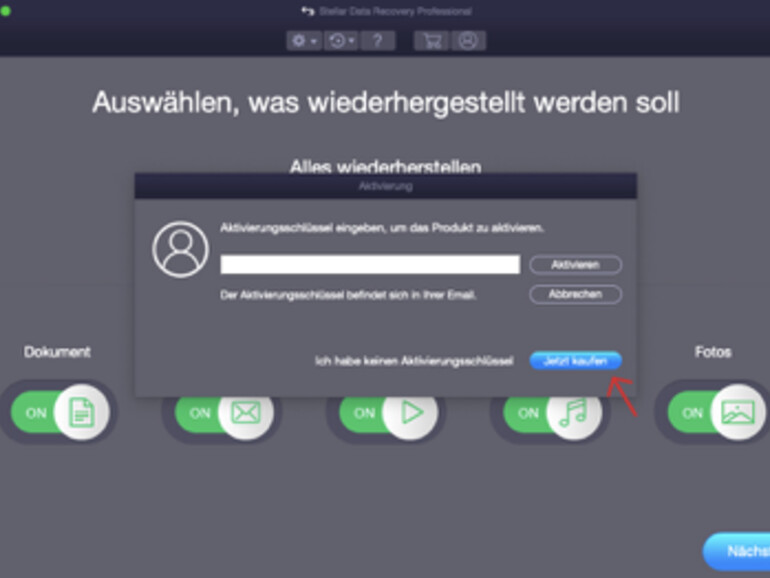 Dialogfenster für Lizenzschlüssel von Stellar Data Recovery Professional for Mac