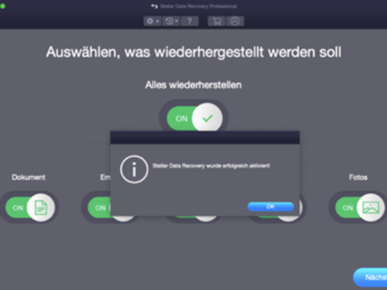 Aktivierung erfolgreich für Stellar Data Recovery Professional für Mac