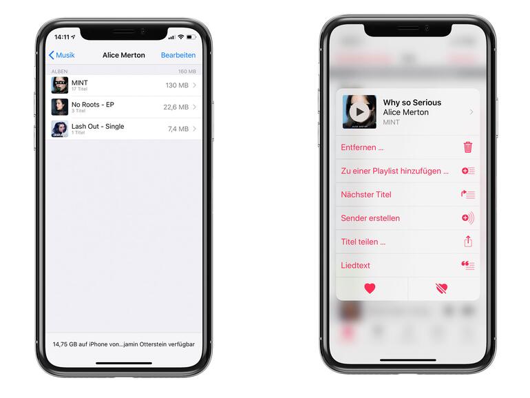 Musik kann über die Einstellungen [links] oder über die Musik-App [rechts] vom iPhone entfernt werden ...