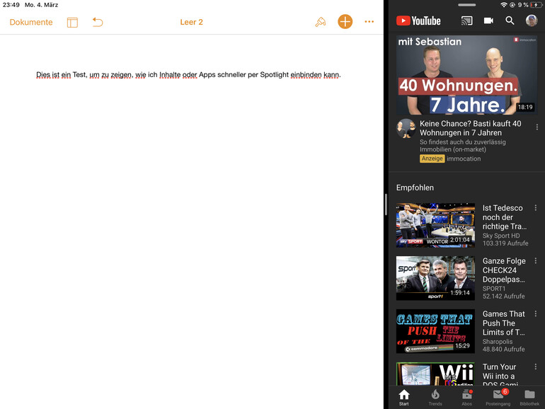 Multitasking mit geteilten Fenstern am iPad Pro