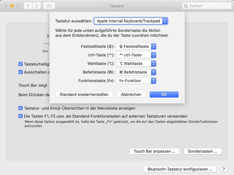 In den Systemeinstellungen können Sie die Belegung der Sondertasten ändern und die Tastaturmaus aktivieren.