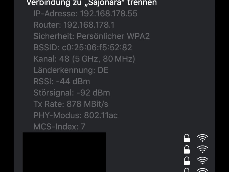 WLAN-Informationen in der Menüliste