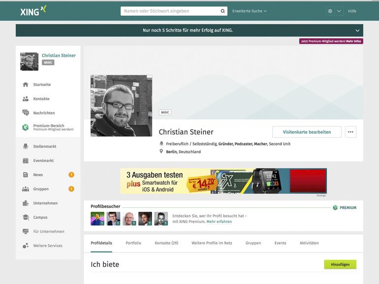 In Ihrem Xing-Profil geben Sie berufliche Kenntnisse und Fähigkeiten an, sodass es wie ein Lebenslauf wächst.