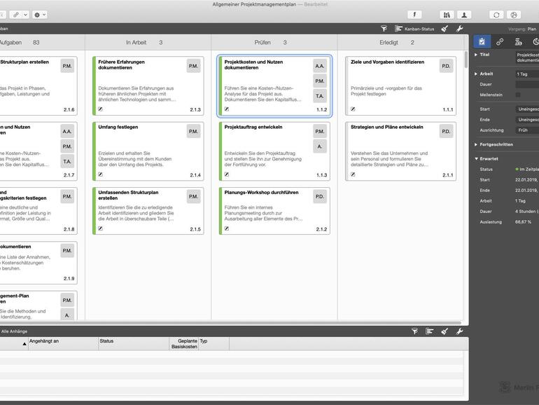 Merlin Project führt mit der Kanban-Tafel eine einfache, aber durchaus gefällige Methode für ein agiles Projektmanagement ein.