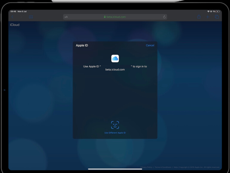 Auf einem iPad Pro können Sie sich mit Face ID bei iCloud.com einloggen