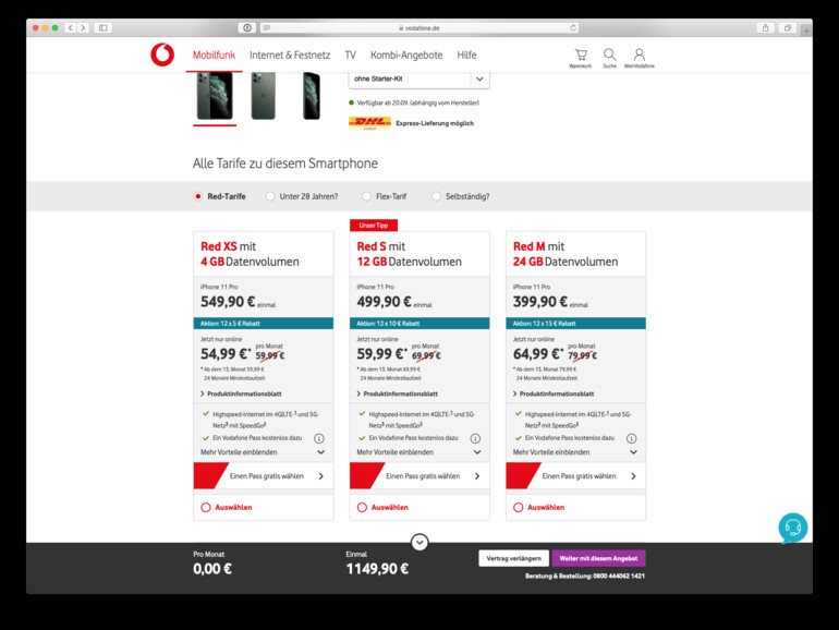 Vodafone mag's groß: Schon Tarif „Red S“ bietet 12 GB Datenvolumen.
