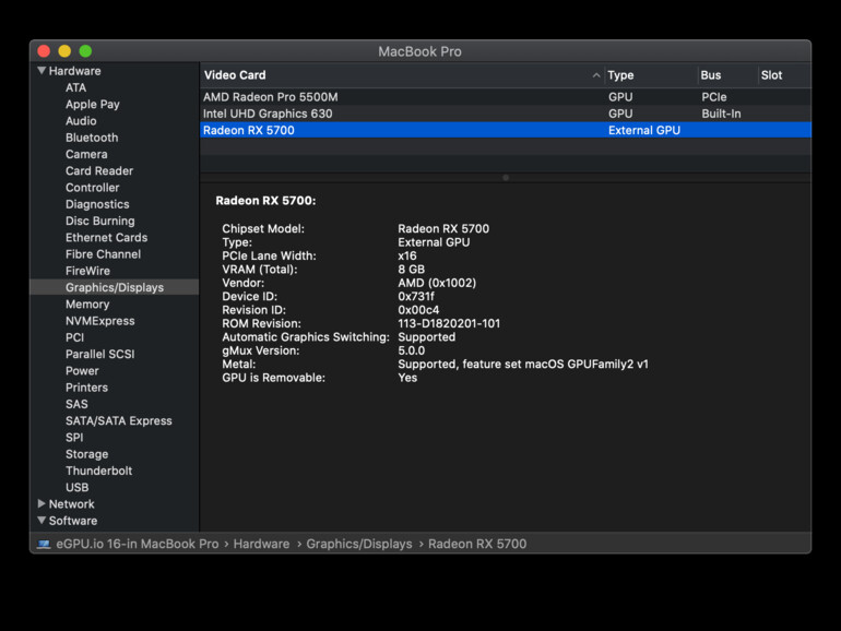 eGPU im Eigenbau am MacBook Pro von macOS erkannt