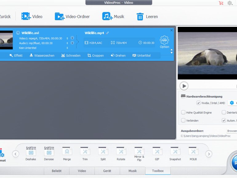 Benutzeroberfläche von VideoProc
