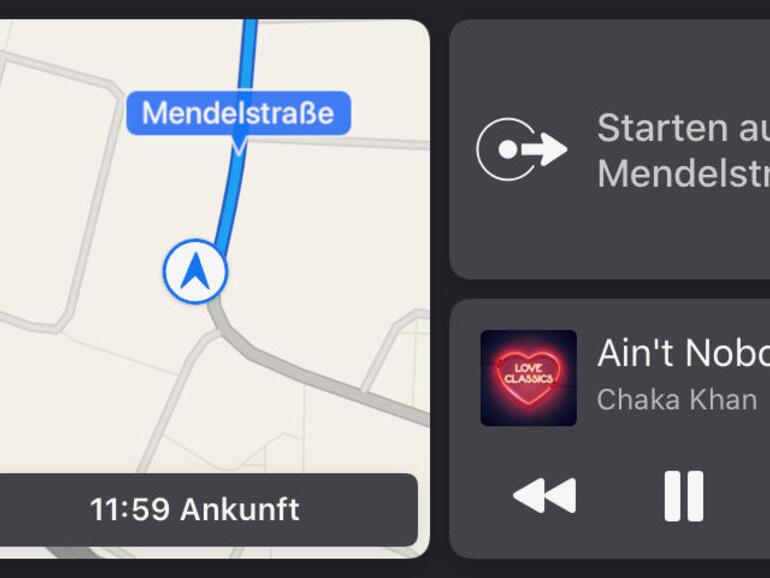 Die geteilte Darstellung ist auch während der Navigation verfügbar. Gleichzeitig hat man auf die Musiksteuerung inklusive Cover-Art Zugriff.