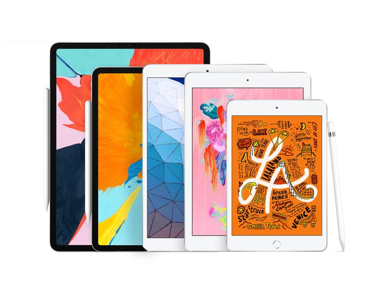 Die aktuelle iPad-Familie: Von links nach rechts sehen Sie die beiden Pro-Modelle, das Air, das „normale“ iPad sowie das iPad mini.