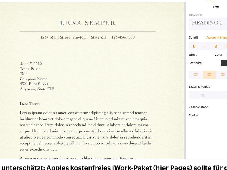 Oft unterschätzt: Apples kostenfreies iWork-Paket (hier Pages) sollte für die allermeisten Einsatzgebiete bereits vollständig ausreichen.