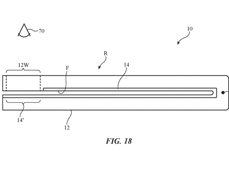 In der Patentschrift sieht man die Idee, mit einem kleinen Außendisplay in der Form einer Touch Bar das Falt-iPhone zu gestalten.