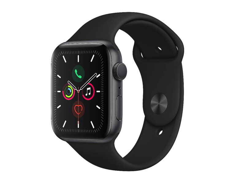 Die Apple Watch Series 5 mit GPS 44mm, Aluminiumgehäuse in Space Grau mit dem Sportarmband Schwarz gibt es jetzt für 399 Euro