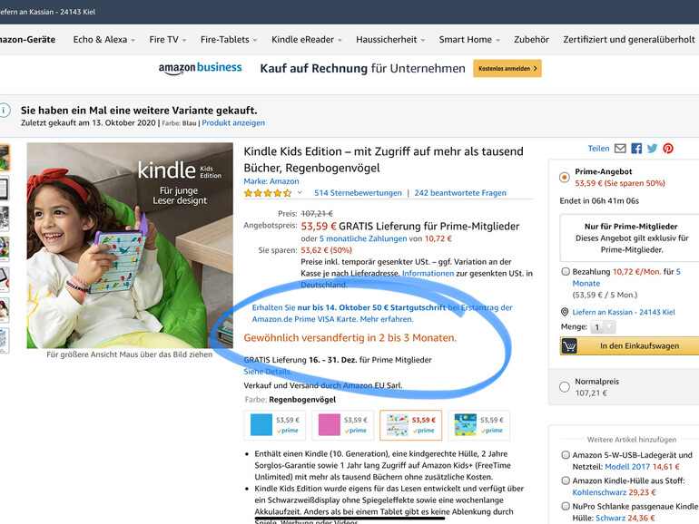 Kindle Kids Edition, basierend auf dem Standard-Kindle – lieferbar in 2-3 Monaten als Prime-Day-Deal.