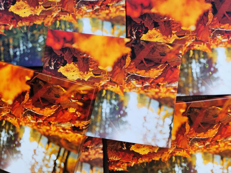 Die Fotoleinwände werden um einen Holzkeilrahmen umgeschlagen, gespannt und anschließend mit Tackerklammern befestigt.