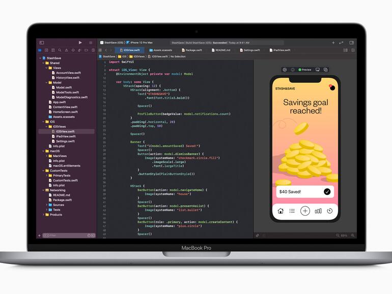 Mit dem M1 ist das 13 Zoll MacBook Pro bis zu 2,8-mal schneller - zum Beispiel beim coden.