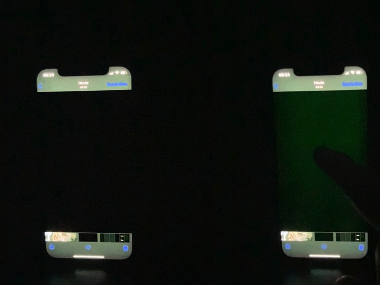 Rechts der grüne Leuchteffekt