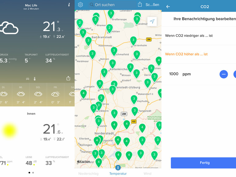 Die Netatmo-App kann bei Erreichen bestimmter Werte per Push-Nachricht warnen.