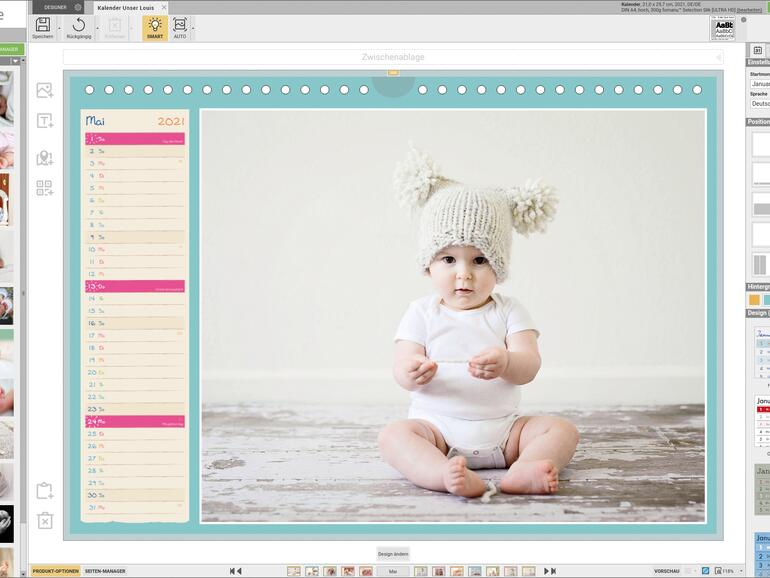 So einfach gestalten Sie Ihren Kalender mit DESIGNER 3: Die Position des Kalendariums, sein Layout und die Farbe ziehen Sie einfach mit der Maus auf die Kalenderseite.
