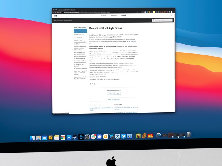 Über die eigene Support-Datenbank informiert Native Instruments zum aktuellen Stand der Unterstützung von Apple-Silicon-Mac und macOS Big Sur.